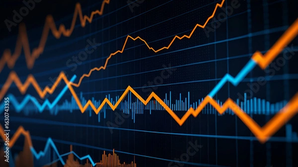 Fototapeta Abstract digital rendering of fluctuating stock market data visualized as glowing orange and blue lines against a dark background with bokeh effects, suggesting volatility and market trends