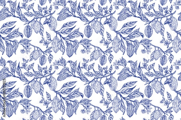 Fototapeta Seamless cocoa themed pattern featuring hand drawn cacao pods and leaves in vintage engraving style. Toile de Jouy. Elegant blue white design, ideal for cafe, bakery, chocolate packaging, and branding