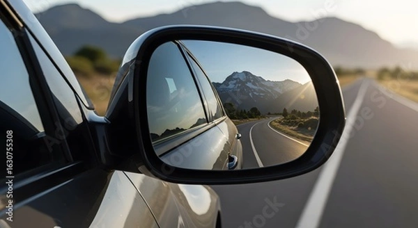 Fototapeta Mountains reflected in a car's side-view mirror on a road at sunset, concept of travel, journey, and looking back at the past.