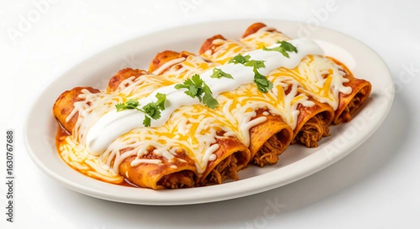 Fototapeta A plate of enchiladas topped with cheese, sour cream, and cilantro on a white background surface fundo branco