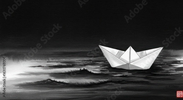 Fototapeta Paper boat on dark water (1)