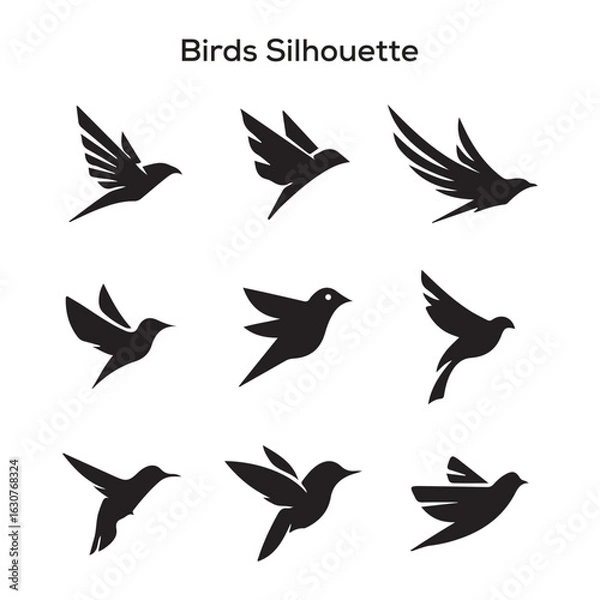 Obraz Flying birds silhouettes on white background. Vector illustration. isolated bird flying. tattoo design.