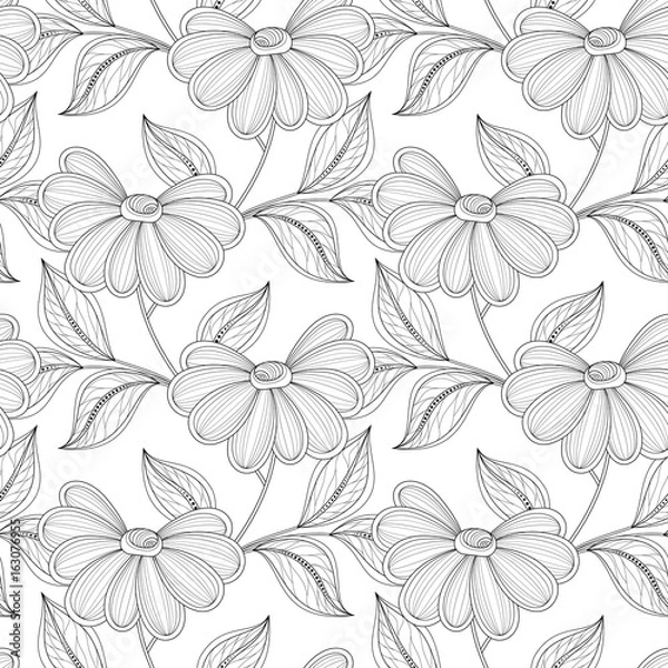 Fototapeta Vector Seamless Monochrome Floral Pattern
