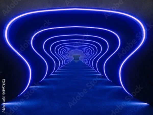 Fototapeta Blue modern lighting with interior empty space, 3d rendering sci-fi concept