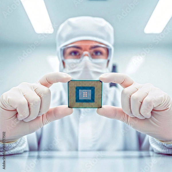 Fototapeta Engineer holding a CPU microchip