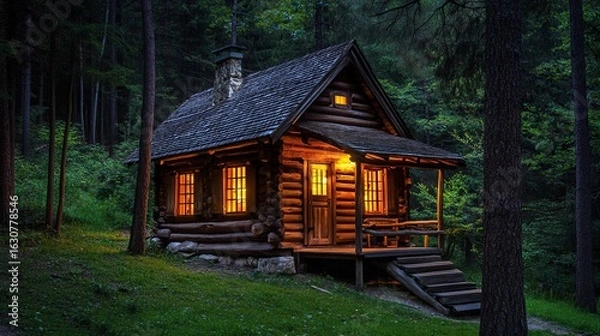 Obraz A cozy log cabin illuminated warmly, nestled among lush green trees, creating a serene and inviting atmosphere.