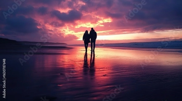 Fototapeta A couple walks hand-in-hand on a beach at sunset, surrounded by vibrant colors reflecting on the wet sand.