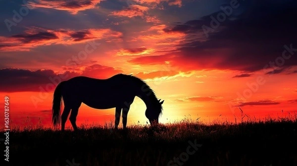 Fototapeta A silhouette of a horse grazing against a vibrant sunset sky, creating a serene and picturesque scene in nature.