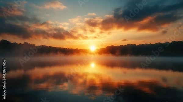 Fototapeta A serene sunset reflected on a calm lake, surrounded by mist and trees, creating a tranquil and picturesque atmosphere.