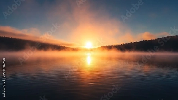 Fototapeta A serene sunrise over a misty lake, with soft light reflecting on the water, surrounded by distant hills and a tranquil atmosphere.