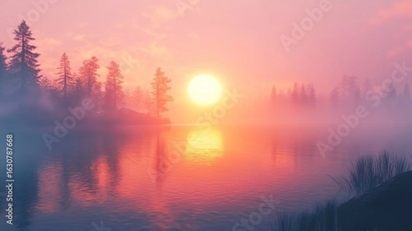 Fototapeta A serene sunset over a misty lake, with silhouettes of trees reflecting in the water, creating a peaceful and calming atmosphere.