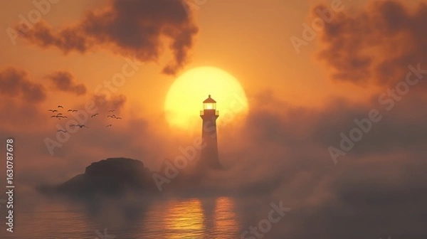 Fototapeta A serene lighthouse silhouette against a vibrant sunset, surrounded by clouds and birds flying over calm waters.
