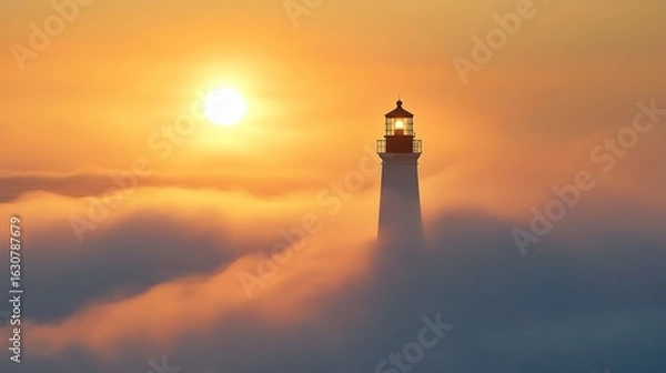 Fototapeta A serene lighthouse stands above the fog, illuminated by the warm glow of the rising sun, creating a tranquil and picturesque scene.