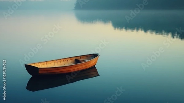 Fototapeta A serene, foggy lake scene featuring a solitary wooden boat gently floating on calm waters, reflecting the soft colors of dawn.