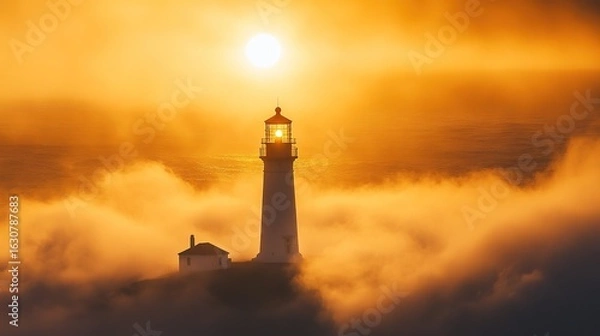 Fototapeta A serene lighthouse stands amidst golden fog, illuminated by a radiant sun, casting a tranquil atmosphere over the surrounding ocean.