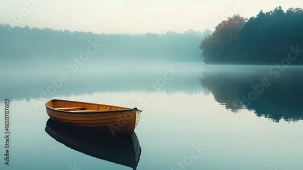 Fototapeta A serene wooden boat floats on a misty lake, surrounded by lush trees, creating a tranquil and peaceful atmosphere.