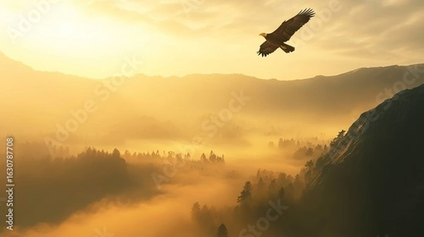 Fototapeta A majestic eagle soars over misty mountains at dawn, illuminated by warm golden light, creating a serene and breathtaking landscape.