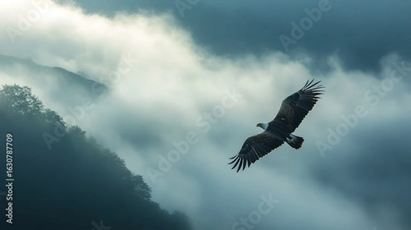 Fototapeta A majestic eagle soars through misty clouds, showcasing its powerful wings against a dramatic backdrop of nature.