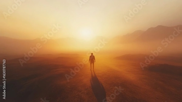 Fototapeta A lone figure walks through a misty landscape at sunset, surrounded by mountains and a warm, golden glow.