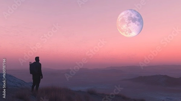 Fototapeta A lone figure gazes at a vast landscape under a large, luminous moon, with soft pastel colors illuminating the sky at dusk.