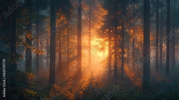 Fototapeta A serene forest scene illuminated by soft, golden sunlight filtering through misty trees, creating a tranquil and magical atmosphere.