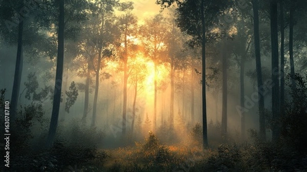 Fototapeta A serene forest scene with sunlight streaming through the trees, creating a mystical atmosphere filled with fog and vibrant greenery.