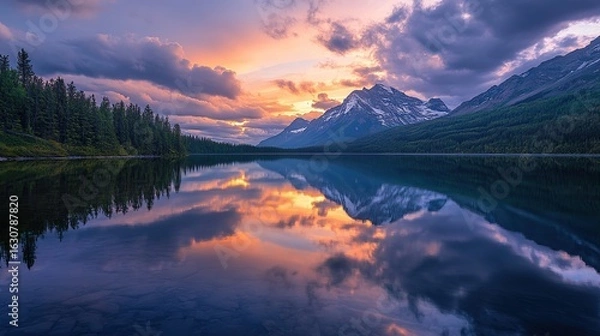 Fototapeta A serene landscape featuring mountains reflected in a calm lake at sunset, surrounded by evergreen trees and a dramatic sky.