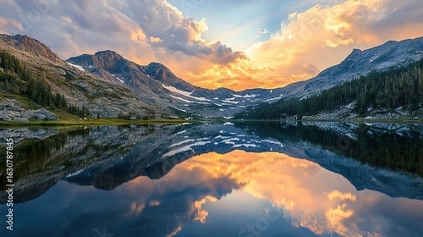 Fototapeta A serene landscape featuring towering mountains, lush forests, and a tranquil lake reflecting a vibrant sunset sky.