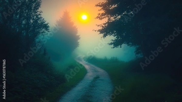 Fototapeta A winding path through a foggy landscape at sunrise, with trees silhouetted against the vibrant orange sun illuminating the scene.