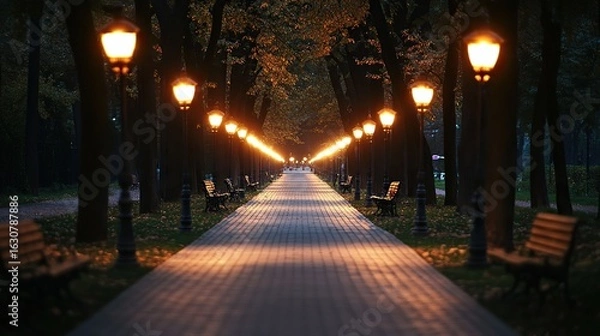 Fototapeta A serene park pathway illuminated by street lamps, surrounded by trees, creating a warm and inviting ambiance in the evening.