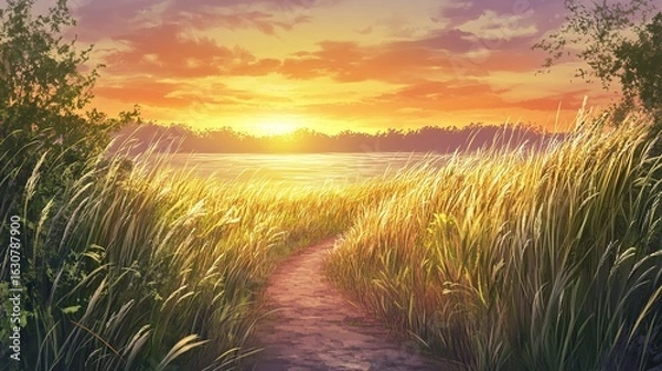 Fototapeta A tranquil path leads through tall grass to a sunset over the water, casting warm hues across the sky and reflecting on the surface.