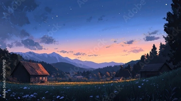 Fototapeta A serene landscape at dusk, featuring rustic houses set against mountains and a colorful sky filled with clouds and stars.