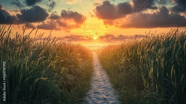 Fototapeta A serene path through tall grass leads to a vibrant sunset over the ocean, creating a tranquil and picturesque landscape.