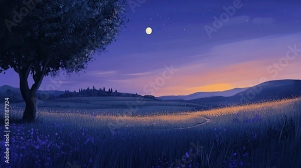 Fototapeta A serene twilight landscape featuring rolling hills, a winding path, and a tree silhouetted against a colorful sky with stars and a glowing moon.