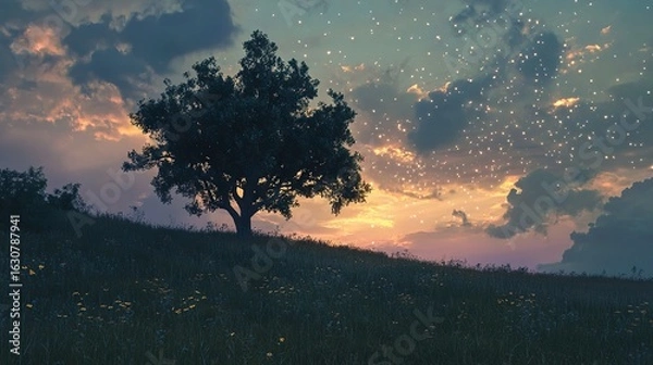Fototapeta A serene landscape featuring a solitary tree silhouetted against a colorful sunset with scattered clouds and a grassy hill.