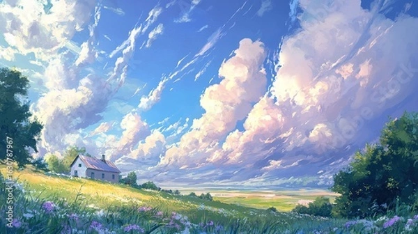 Fototapeta A serene landscape featuring a quaint house amidst lush green fields, colorful flowers, and a dramatic sky filled with fluffy clouds.