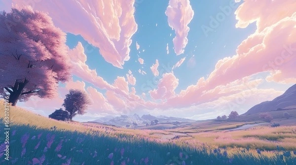 Fototapeta A serene landscape featuring rolling hills, vibrant pink clouds, and a colorful field, evoking a sense of tranquility and beauty in nature.