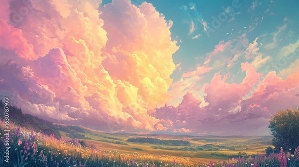 Fototapeta A serene landscape showcasing vibrant clouds and colorful wildflowers, capturing the beauty of nature in a tranquil setting.