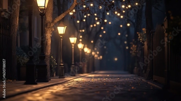 Fototapeta A serene nighttime street lined with glowing lamps and trees, creating a peaceful and enchanting atmosphere.