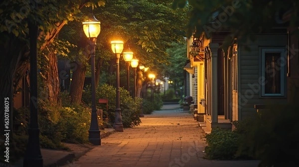 Fototapeta A tranquil, illuminated pathway lined with trees and charming buildings, evoking a peaceful evening ambiance.