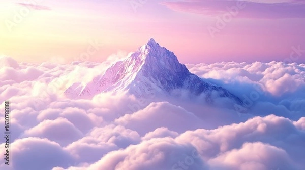 Fototapeta A serene mountain peak rises majestically above soft, fluffy clouds, bathed in a gentle pastel glow at sunrise.