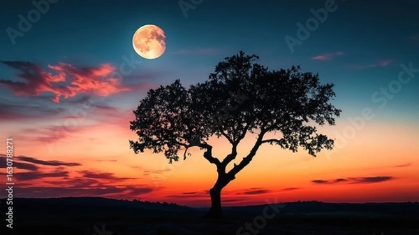Fototapeta A solitary tree silhouetted against a vibrant sunset with a full moon illuminating the sky.