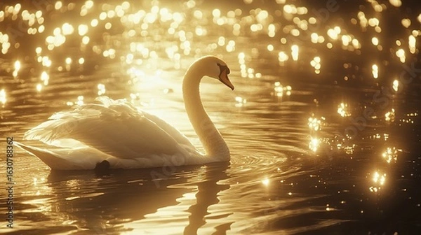Fototapeta A graceful swan glides through shimmering water, illuminated by golden sunlight, creating a serene and enchanting scene.