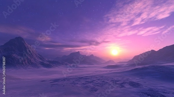 Fototapeta A serene landscape featuring majestic mountains under a twilight sky, illuminated by a glowing sunset, creating a tranquil and ethereal atmosphere.