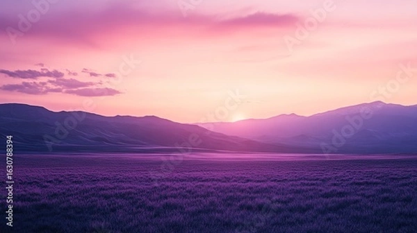 Fototapeta A stunning landscape at sunset, featuring rolling hills and a vast field bathed in purple hues, creating a serene and tranquil atmosphere.