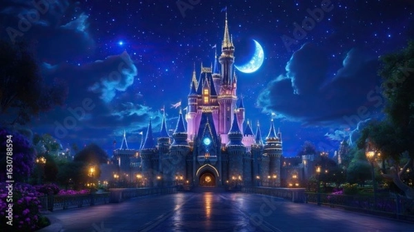 Fototapeta A magical castle illuminated under a starlit sky, surrounded by lush greenery and vibrant flowers, creating a whimsical nighttime scene.