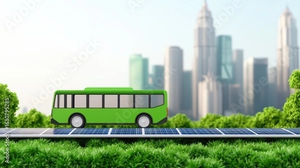 Fototapeta Green Bus on Solar Panels with City Skyline Background