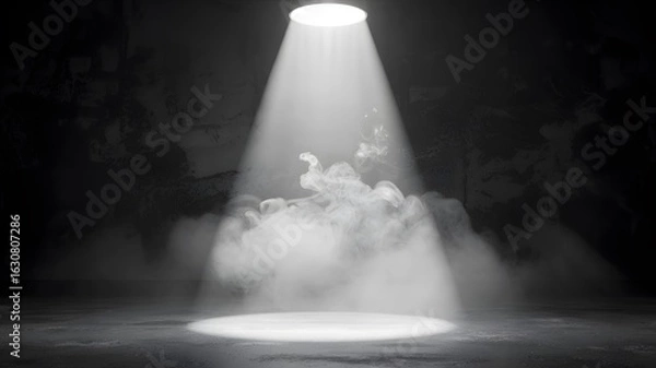 Obraz A powerful white spotlight illuminates a smoky stage creating a dramatic and atmospheric scene