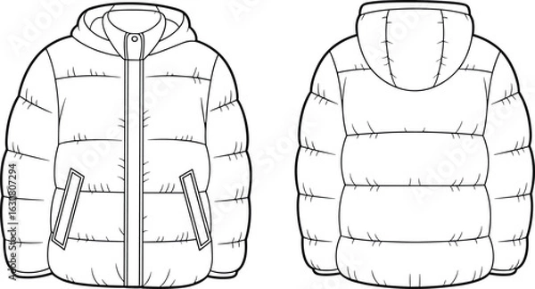Fototapeta Classic hooded puffer jacket flat vector illustration, a detailed technical drawing of warm winter outerwear apparel for fashion and design projects