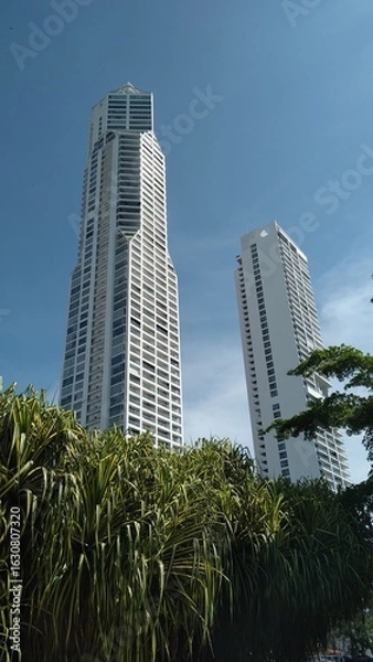 Fototapeta tall buildings with a blue sky background and trees below